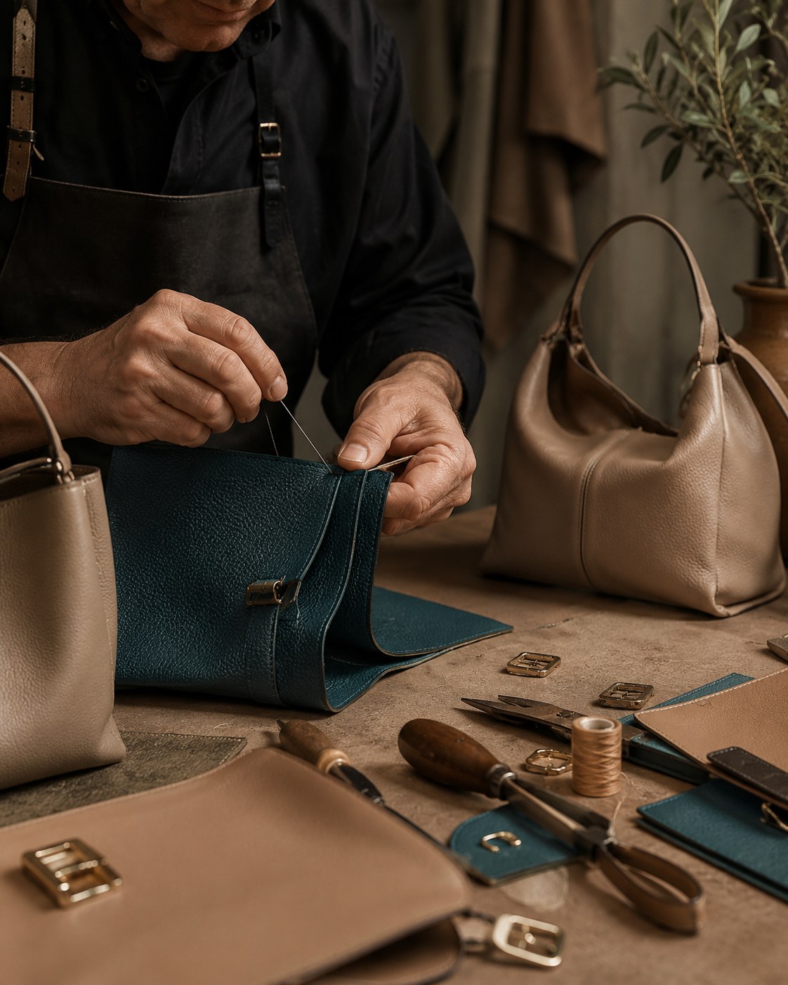 Italian leather artisan hand stitching a premium handbag in a workshop